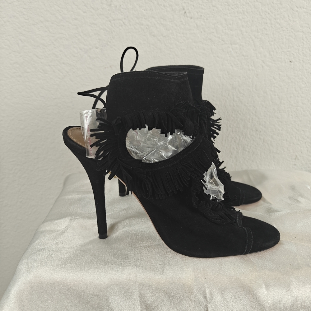 Aquazzura Sexy Fringe 105 Black Suede Cutout Sandal Heels 37.5/7.5 Women's - Picture 8 of 15